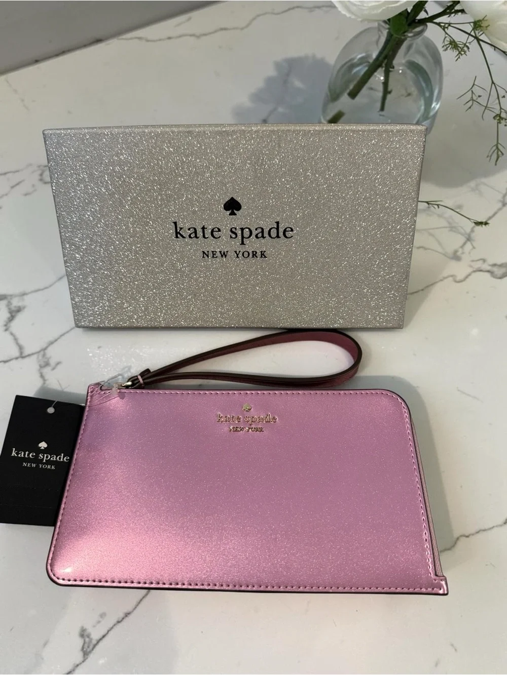 kate spade metallic pink zip-around wristlet wallet with gold logo& gift box NWT